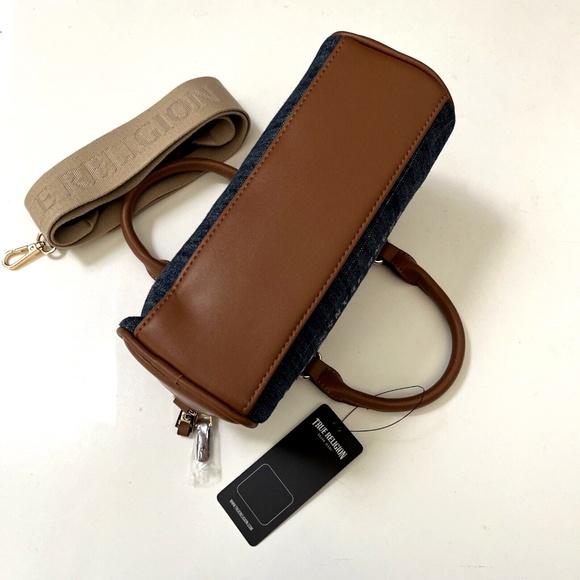 NWT Original TRUE RELIGION Denim Logo Mini Satchel Crossbody Bag Blue Brown - Picture 9 of 12